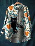 Women's Three Plant Kittens Print Casual Cotton And Linen Shirt