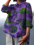 Decorative Pattern of Large Leaves On Purple Background Casual Cotton And Linen Shirt