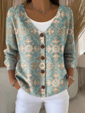 Ethnic Pattern Print Buttoned V-neck Cardigan Sweater