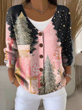 Pink Christmas Tree Print Buttoned V-neck Cardigan Sweater