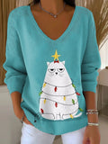 Women's Christmas Tree Cat Pattern Print Casual Pullover Sweater