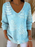 Women's Christmas Pattern Art V-neck Solid Color Loose Shiny Sweater