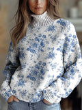 Women's Vintage Lovely Floral Art Print Knit Turtleneck Pullover Sweater
