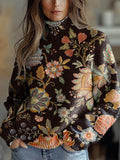 Women's Lovely Floral Art Print Knit Turtleneck Pullover Sweater