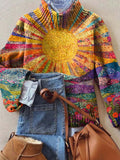 Women's Vintage Lovely Sun Floral Art Print Knit Turtleneck Pullover Sweater