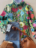 Women's Vintage Lovely Floral Art Print Knit Turtleneck Pullover Sweater