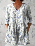 Women's Lovely Floral Art Print Casual Linen V-neck Shirt