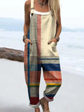 Women's Abstract Geometric Line Pattern Art Print Casual Cotton Linen Wide Leg Jumpsuit