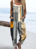 Women's Abstract Geometric Pattern Art Print Casual Cotton Linen Wide Leg Jumpsuit