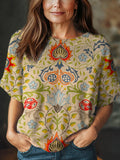 Women's Vintage Floral Art Print Casual Crew Neck Short Sleeve Knitted Sweater