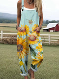 Women's Lovely Sunflowers Pattern Art Print Casual Cotton Linen Wide Leg Jumpsuit