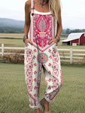 Women's Vintage Floral Pattern Art Print Casual Cotton Linen Wide Leg Jumpsuit