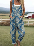 Women's Vintage Floral Pattern Art Print Casual Cotton Linen Wide Leg Jumpsuit