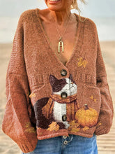 Women's Lovely Autumn Cat Pattern Art Print Casual Pullover Sweater