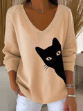 Women's Lovely Cat Art Print Casual Pullover Sweater