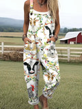 Women's Fun Farm Animals Print Casual Cotton Linen Wide Leg Jumpsuit