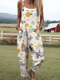 Women's Artistic Creative Flowers Butterflies Spiders Print Casual Cotton Linen Wide Leg Jumpsuit