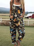 Women's Retro Art Butterfly Flower Festival Print Casual Cotton Linen Wide Leg Jumpsuit