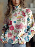 Women's Artistic Creative Flowers Print Knit Turtleneck Pullover Sweater