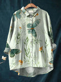 Women's Artistic Butterfly Flowers Print Casual Cotton And Linen Ruffle Shirt