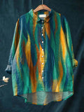 Women's Aurora Art Abstract Stripes Print Casual Cotton And Linen Ruffle Shirt