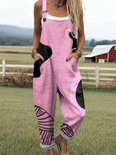 Women's Irregular Pink Line Polka Dot Print Casual Cotton Linen Wide Leg Jumpsuit