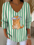 Women's Striped Kitten And Fish Print Casual Pullover Sweater