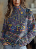 Vintage Art Print Knit Turtleneck Pullover Sweater