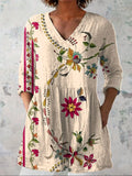 Women's Boho Flowers Art Print Casual Linen V-neck Shirt