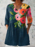 Women's Vintage Floral Print Casual Linen V-neck Shirt