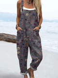 Women's Vintage Flowers Art Print Casual Cotton Linen Wide Leg Jumpsuit