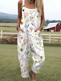 Women's Vintage Floral Bee Art Print Casual Cotton Linen Wide Leg Jumpsuit