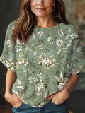 Women's Vintage Flower Art Print Casual Crew Neck Short Sleeve Knitted Sweater