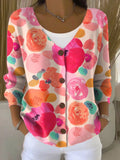 Vintage Flower Art Print Buttoned V-neck Cardigan Sweater