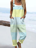 Women's Vintage Abstract Geometric Lines Art Print Casual Cotton Linen Wide Leg Jumpsuit