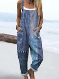 Women's Retro Abstract Dot Stripe Art Print Casual Cotton Linen Wide Leg Jumpsuit