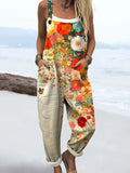 Women's Vintage Flower Art Print Casual Cotton Linen Wide Leg Jumpsuit
