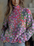 Colorful Leopard Print Print Knit Turtleneck Pullover Sweater