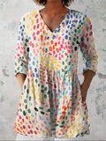 Watercolor Polka Dot Pattern Printed Women's Casual Linen V-Neck Shirt