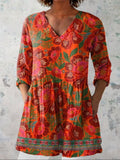 Ethnic Style Summer Floral Pattern Printed Women's Casual Linen V-Neck Shirt