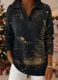 Christmas Tree Pattern Art Polo Collar Shiny Loose Sweater Top