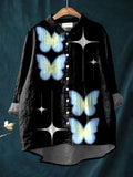 Women's Beautiful Abstract Butterfly Painting Art Print Casual Cotton And Linen Ruffle Shirt