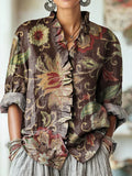 Women's Vintage Ethnic Floral Painting Art Print Casual Cotton And Linen Ruffle Shirt