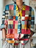 Women's Abstract Colorful Geometric Stripes Painting Art Print Casual Cotton And Linen Ruffle Shirt
