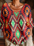 Women's Vintage Ethnic Rhombus Geometric Painting Art Print Casual Pullover Sweater