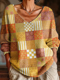 Women's Vintage Check Art Print Casual Pullover Sweater