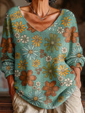 Women's Vintage Floral Painting Art Print Casual Pullover Sweater