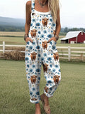 Women's Highland Cow Floral Print Casual Cotton Linen Wide Leg Jumpsuit