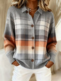 Women's Vintage Plaid Art Print Casual Cardigan Sweater