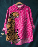 Cute Check Cheetah Print Cotton and Linen Long Sleeve Shirt